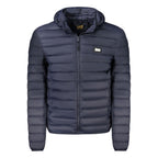 Cavalli Class men's blue polyester jacket with a sleek design, featuring a stand-up collar and front zipper closure.