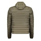 Cavalli Class Verde polyester men's jacket displayed on a hanger with a close-up of fabric texture and front zipper details.
