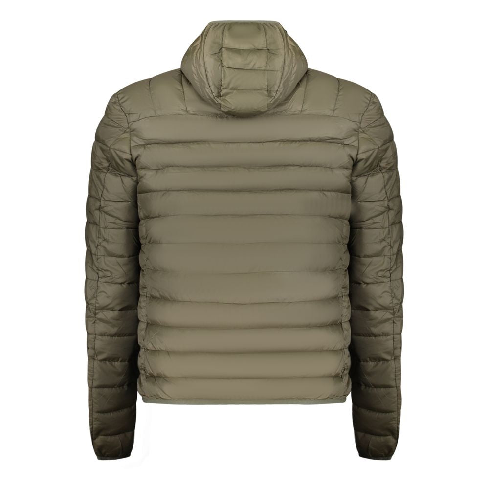 Cavalli Class Verde polyester men's jacket displayed on a hanger with a close-up of fabric texture and front zipper details.