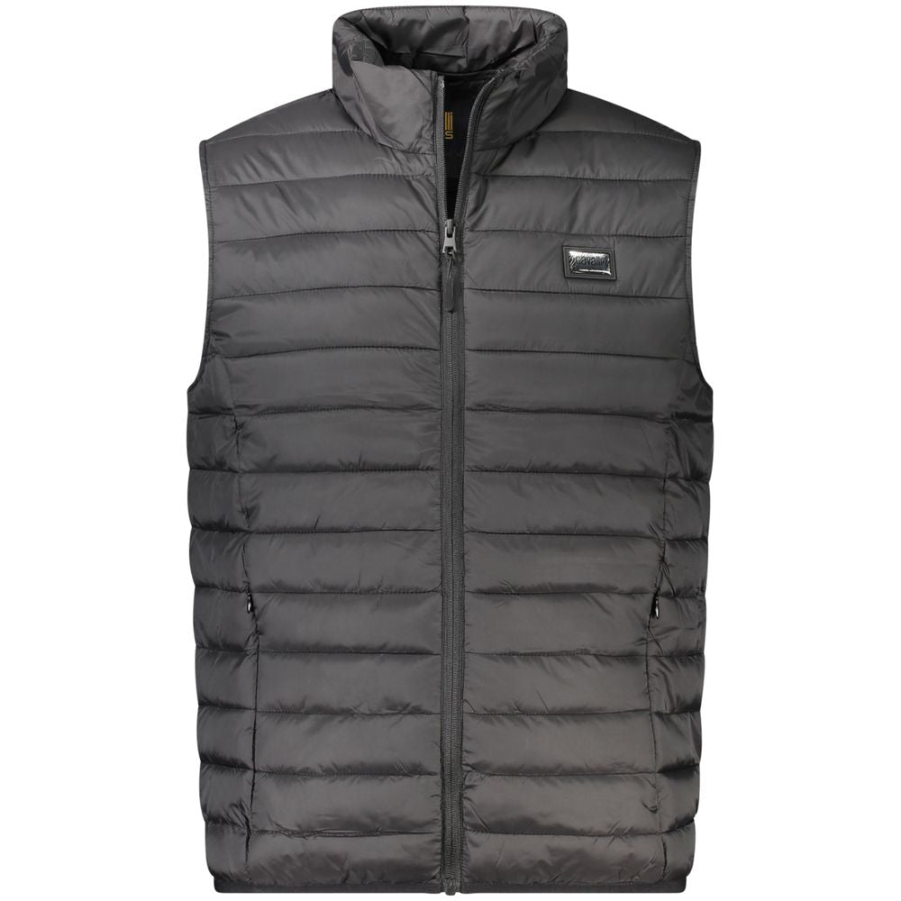 Cavalli Class Nero polyester men's jacket with a sleek design and modern fit, shown on a mannequin.