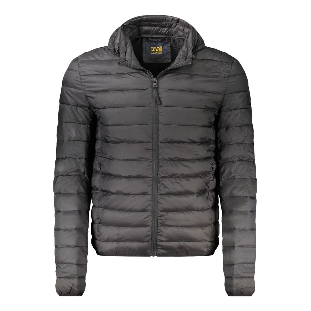 Black Cavalli Class men's polyester jacket with sleek design and modern fit, displayed on a hanger.
