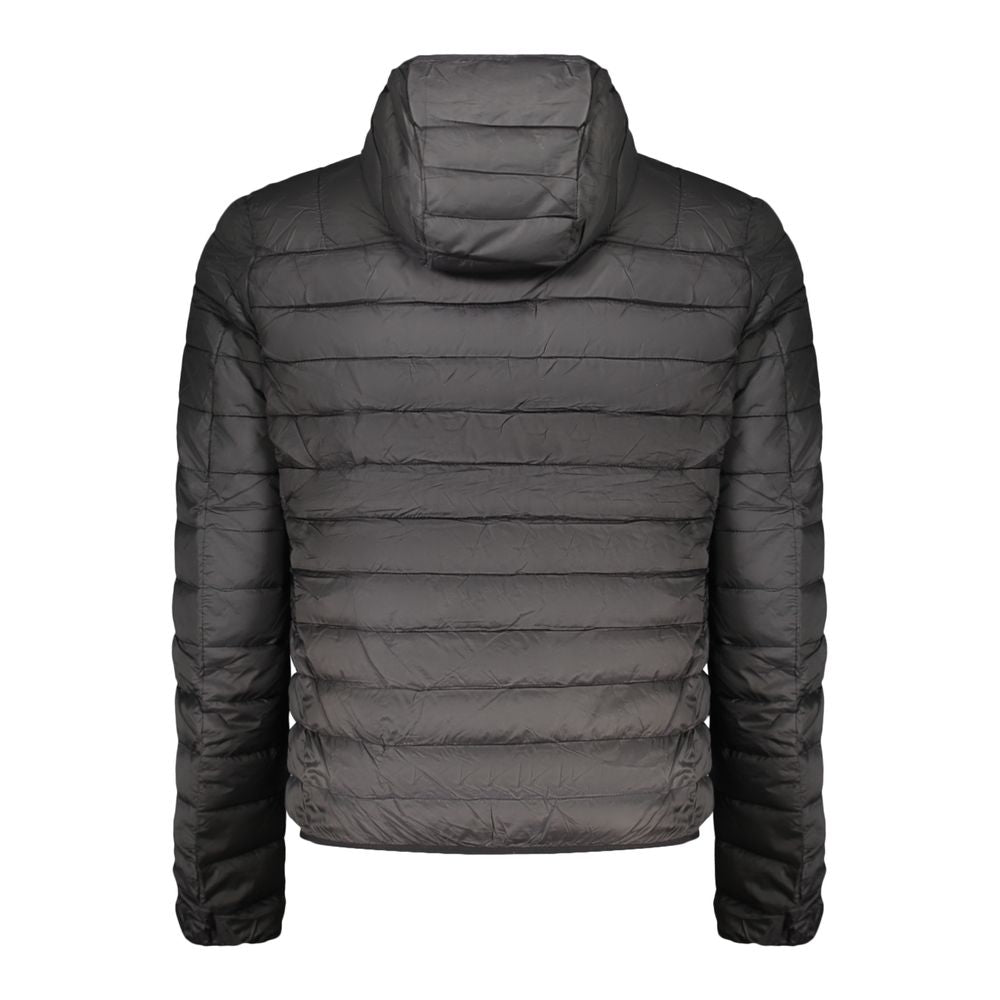 Cavalli Class black polyester men's jacket displayed on a hanger, showing its sleek design and smooth fabric.