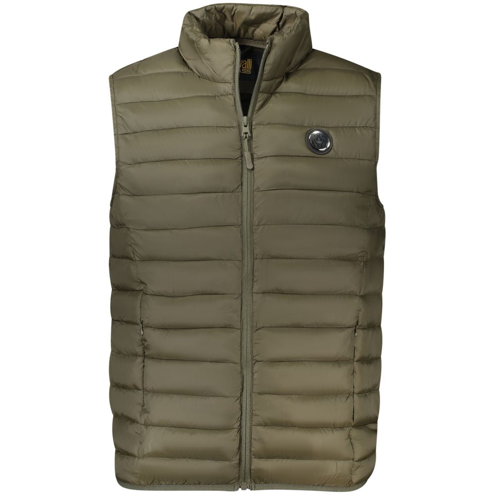 Cavalli Class Verde polyester men's jacket with a sleek design, featuring a zipper and stylish collar detail.