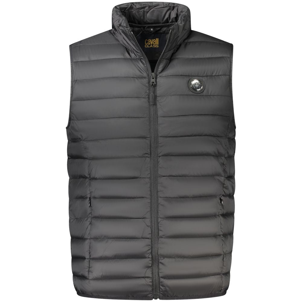 Cavalli Class Nero polyester men's jacket with a sleek design and modern fit, shown on a hanger.