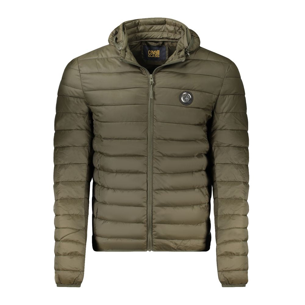 Cavalli Class Verde polyester men's jacket with front zipper and stand-up collar, shown hanging on a hanger.