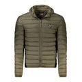 Cavalli Class Verde polyester men's jacket with front zipper and stand-up collar, shown hanging on a hanger.