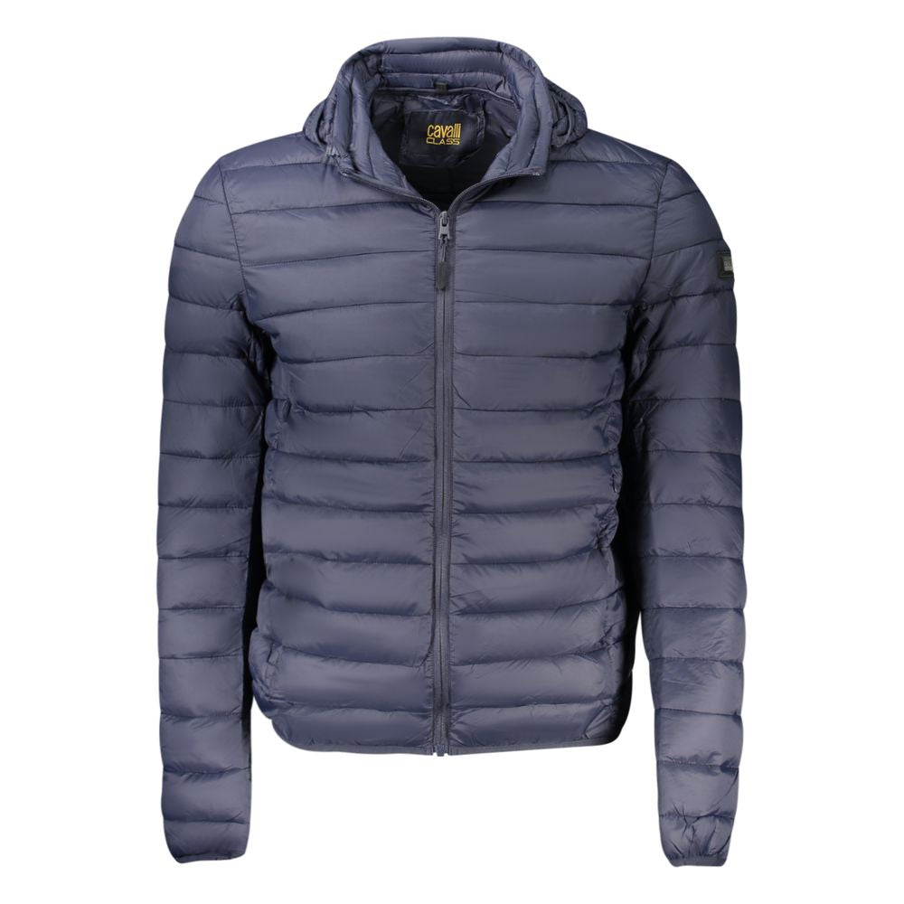 Cavalli Class Blu polyester men's jacket shown in a stylish blue design with a front zipper and modern fit.