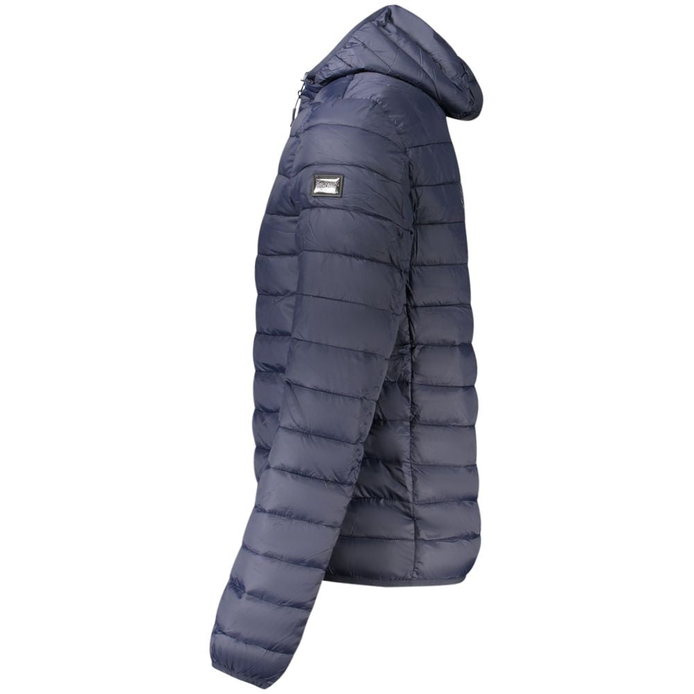 Cavalli Class men's blue polyester jacket with a sleek design, featuring a stand-up collar and front zipper closure.