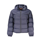 Napapijri Blue men's polyamide jacket shown in blue with a hood and zipper front, styled for casual outdoor wear.