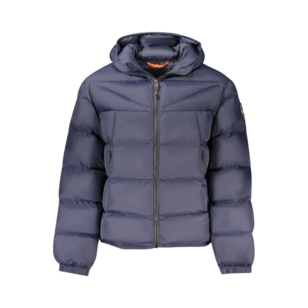 Napapijri Blue men's polyamide jacket shown in blue with a hood and zipper front, styled for casual outdoor wear.