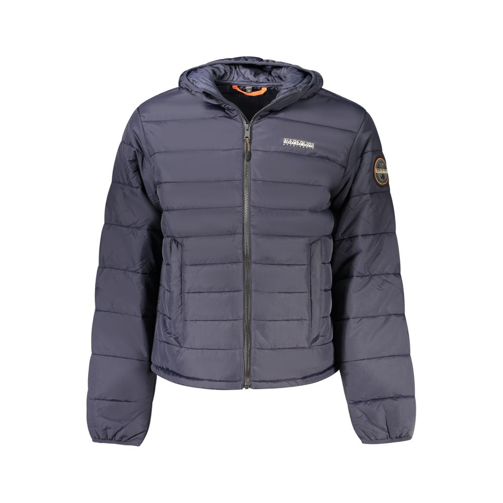Men's Napapijri blue polyamide jacket with front zipper, standing collar, and lightweight design, suitable for outdoor wear.