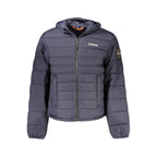 Men's Napapijri blue polyamide jacket with front zipper, standing collar, and lightweight design, suitable for outdoor wear.