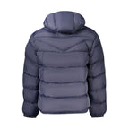 Napapijri men's blue polyamide jacket with hood and zipper, lightweight and stylish outdoor outerwear.
