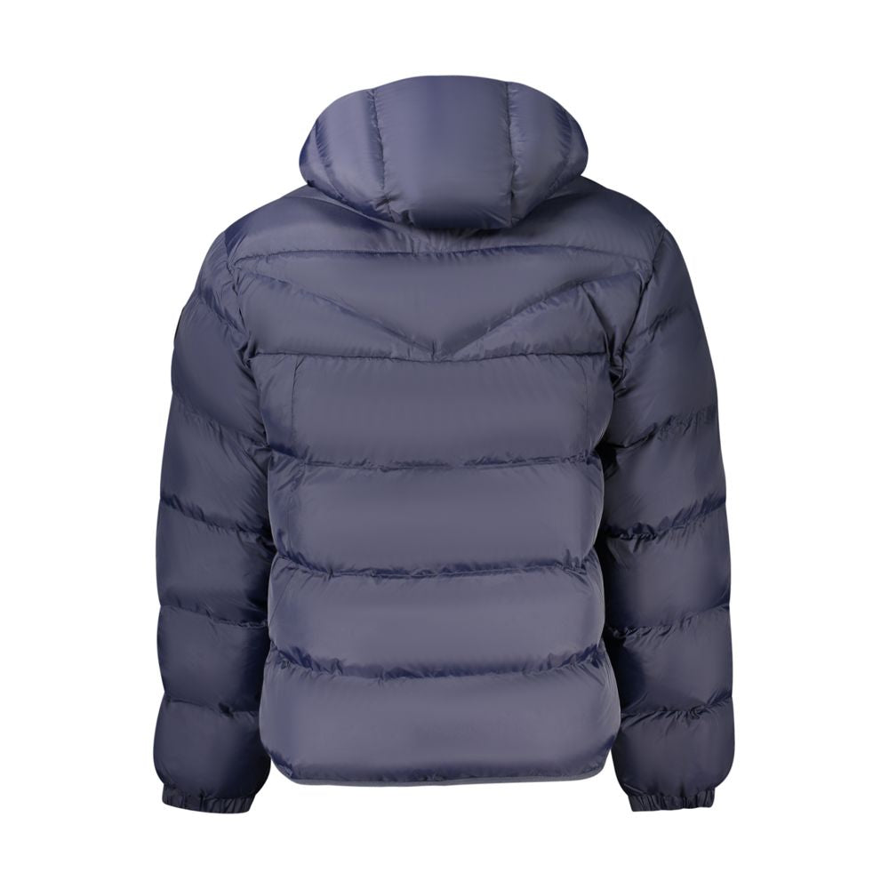 Napapijri men's blue polyamide jacket with hood and zipper, lightweight and stylish outdoor outerwear.