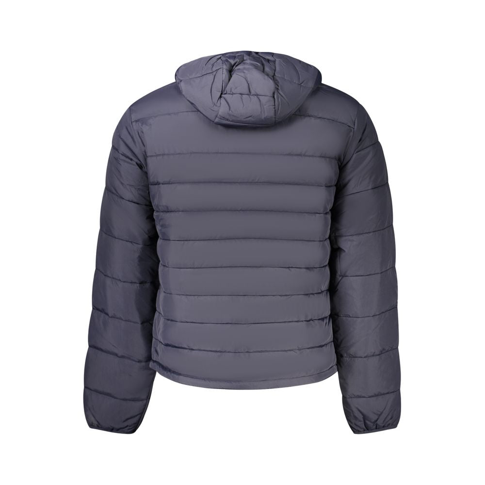Men's Napapijri blue polyamide jacket with front zipper and adjustable hood, lightweight and weather-resistant outerwear.