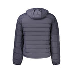 Men's Napapijri blue polyamide jacket with front zipper and adjustable hood, lightweight and weather-resistant outerwear.