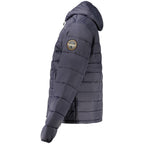Napapijri blue polyamide men's jacket with front zipper and stand collar, lightweight and weather-resistant outerwear.