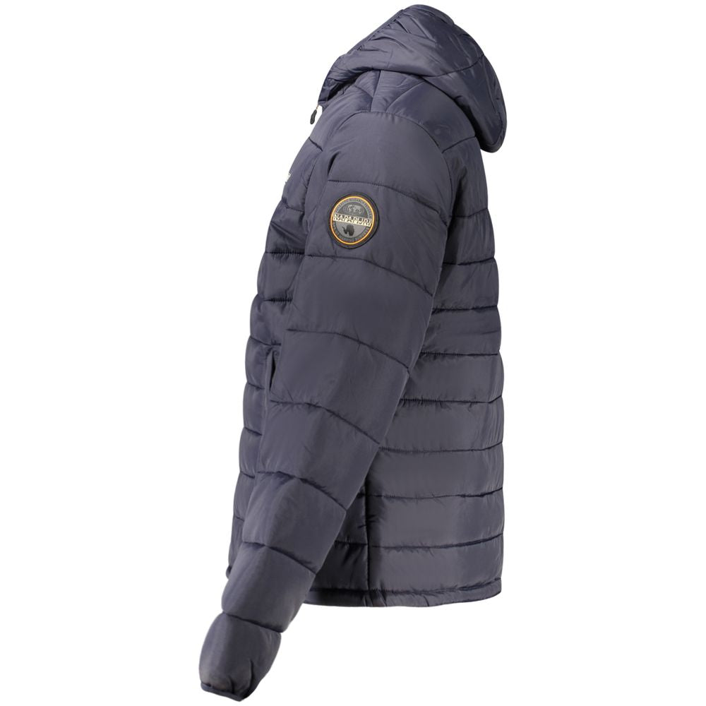 Napapijri blue polyamide men's jacket with front zipper and stand collar, lightweight and weather-resistant outerwear.