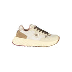 Beige leather women's sneaker by Blauer with white rubber sole, stylish and comfortable casual footwear.