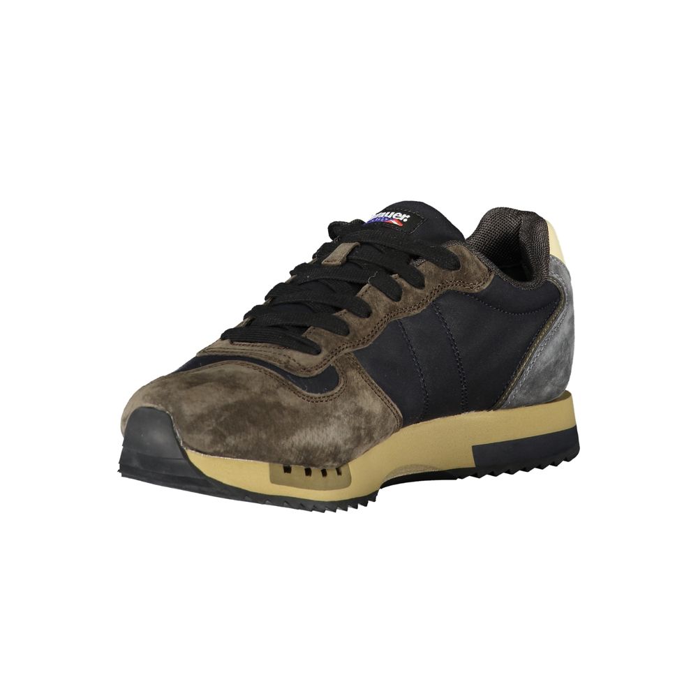 Blauer men's blue polyurethane sneaker with white sole, casual athletic shoe, close-up view showing laces and textured material.