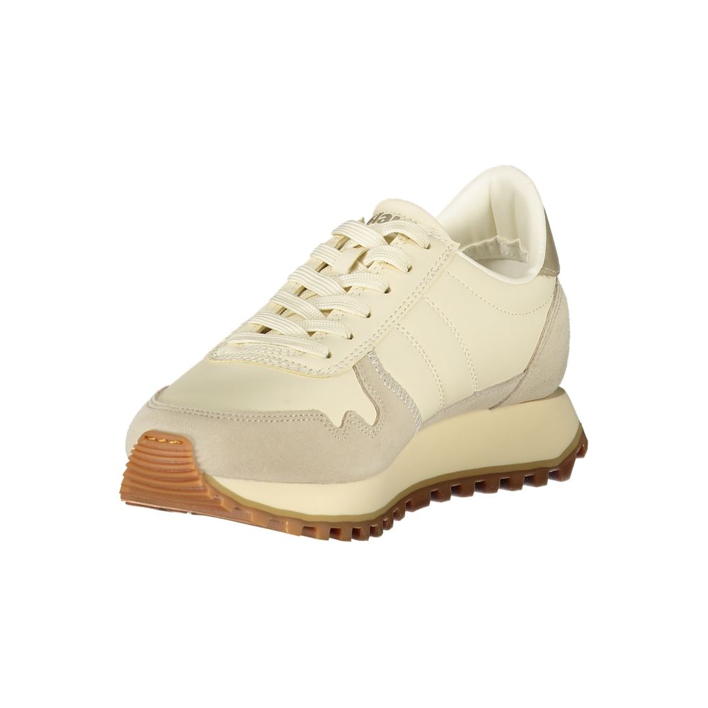 Beige leather women's sneaker by Blauer showing a stylish casual shoe with white sole and beige leather upper.