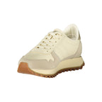 Beige leather women's sneaker by Blauer showing a stylish casual shoe with white sole and beige leather upper.