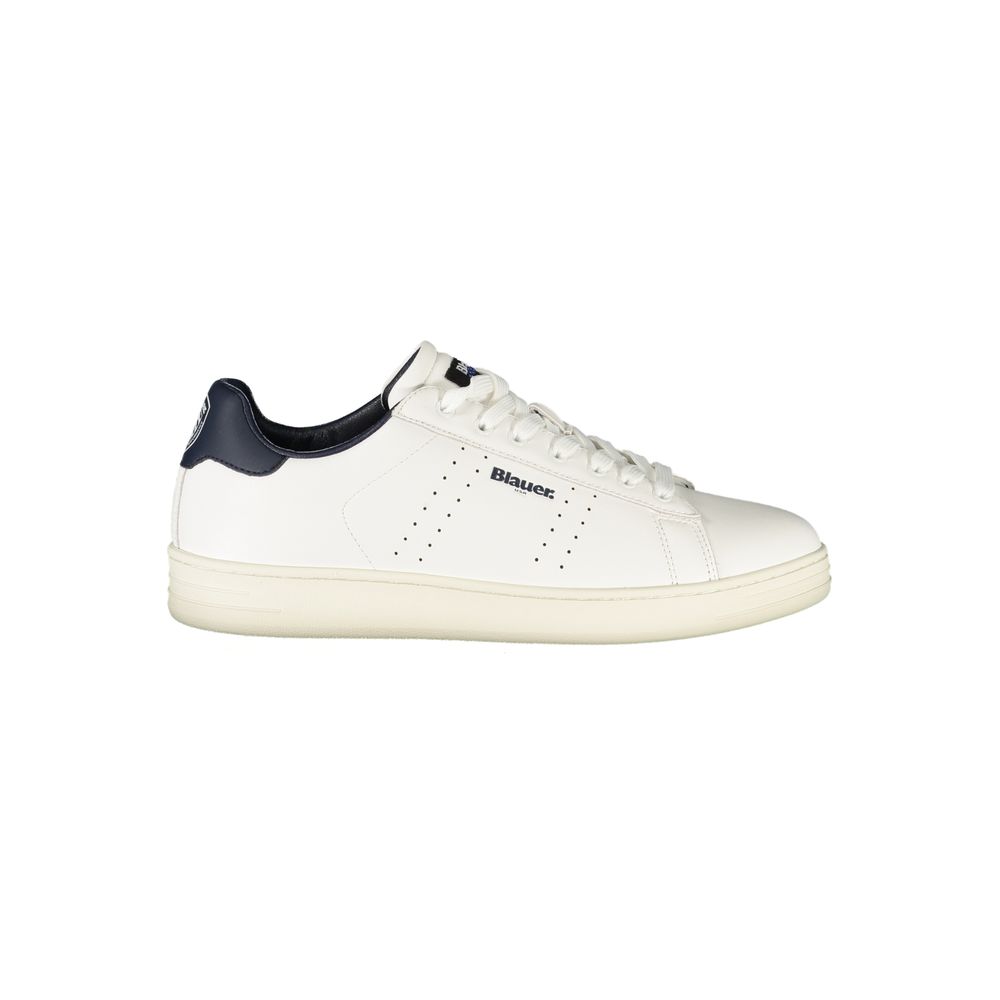 White polyurethane men's sneaker by Blauer, featuring a sleek design and comfortable fit, shown in a front view.