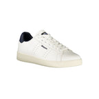 White polyurethane men's sneaker by Blauer, featuring a sleek design and comfortable fit, shown from a side angle.