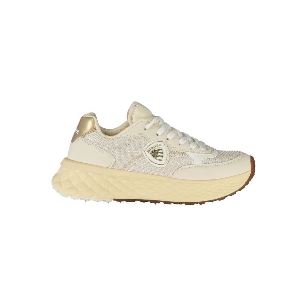 Beige leather women's sneakers by Blauer with white rubber soles and stylish design, perfect for casual wear.