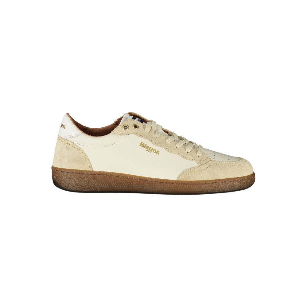 White leather men's sneaker by Blauer featuring a sleek design and white rubber sole.