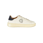 White polyester men's sneaker by Blauer with a sleek design and lace-up closure, featuring a comfortable rubber sole.