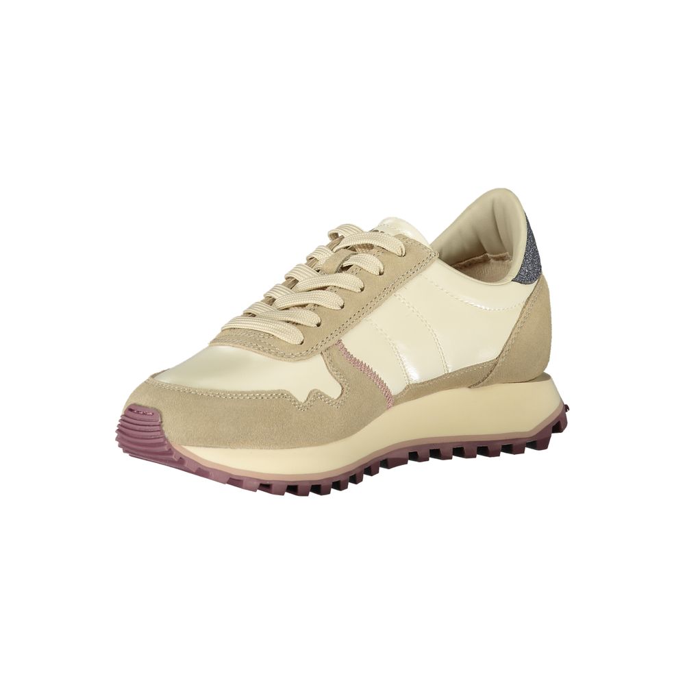 Blauer beige polyester women's sneaker with white sole and lace-up design, casual athletic footwear.