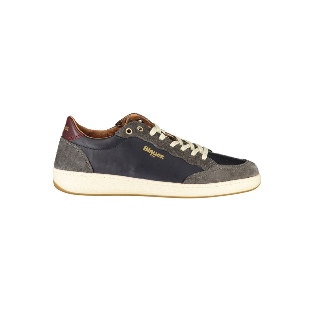 Blauer blue leather men's sneaker with white sole and sleek design, featuring laces and stylish stitching detail.