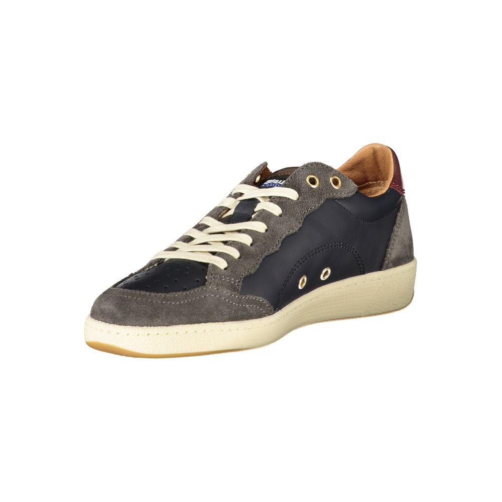Blue leather men's sneaker by Blauer featuring a sleek design and white rubber sole.