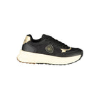 Black leather women's sneaker by Blauer with a sleek design and white rubber sole, perfect for casual and sporty looks.