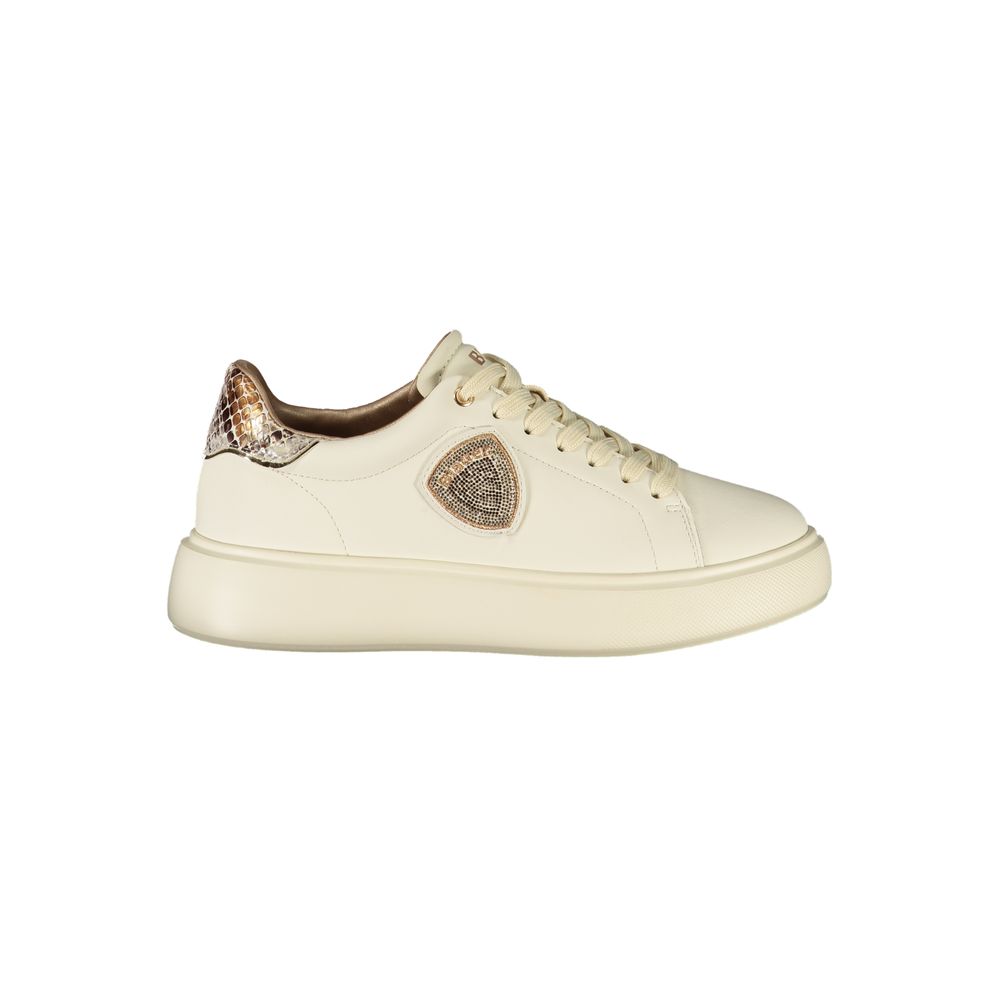 Blauer beige polyurethane women's sneaker with white sole and casual design, shown from side view.