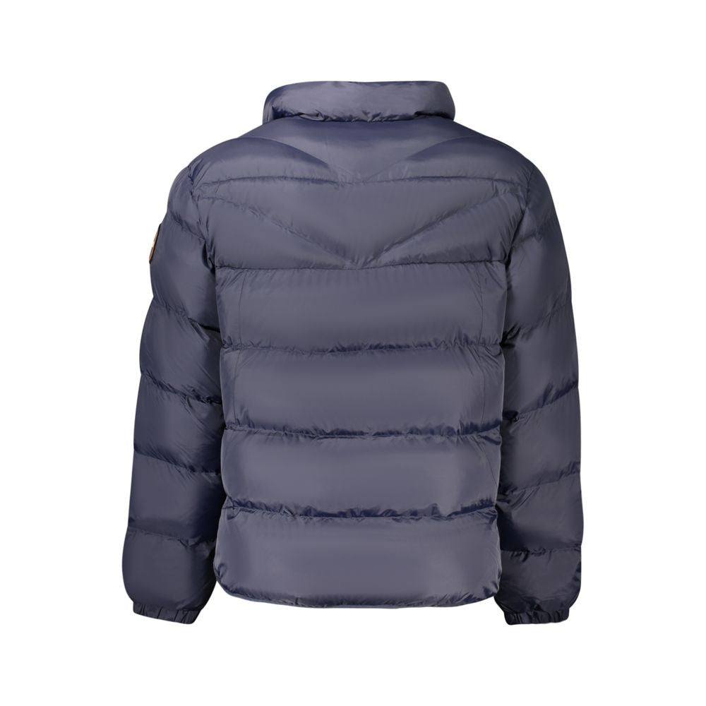 Napapijri men's blue poliammide jacket displayed on a hanger, showcasing its lightweight, waterproof design and modern style.
