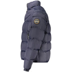 Men's Napapijri blue poliammide jacket with hood, front zipper, and adjustable cuffs, suitable for casual outdoor wear.