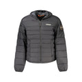 Black Napapijri men's Poliammide jacket with a sleek design and front zipper, shown in a close-up image.