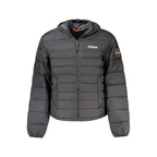 Black Napapijri men's Poliammide jacket with a sleek design and front zipper, shown in a close-up image.