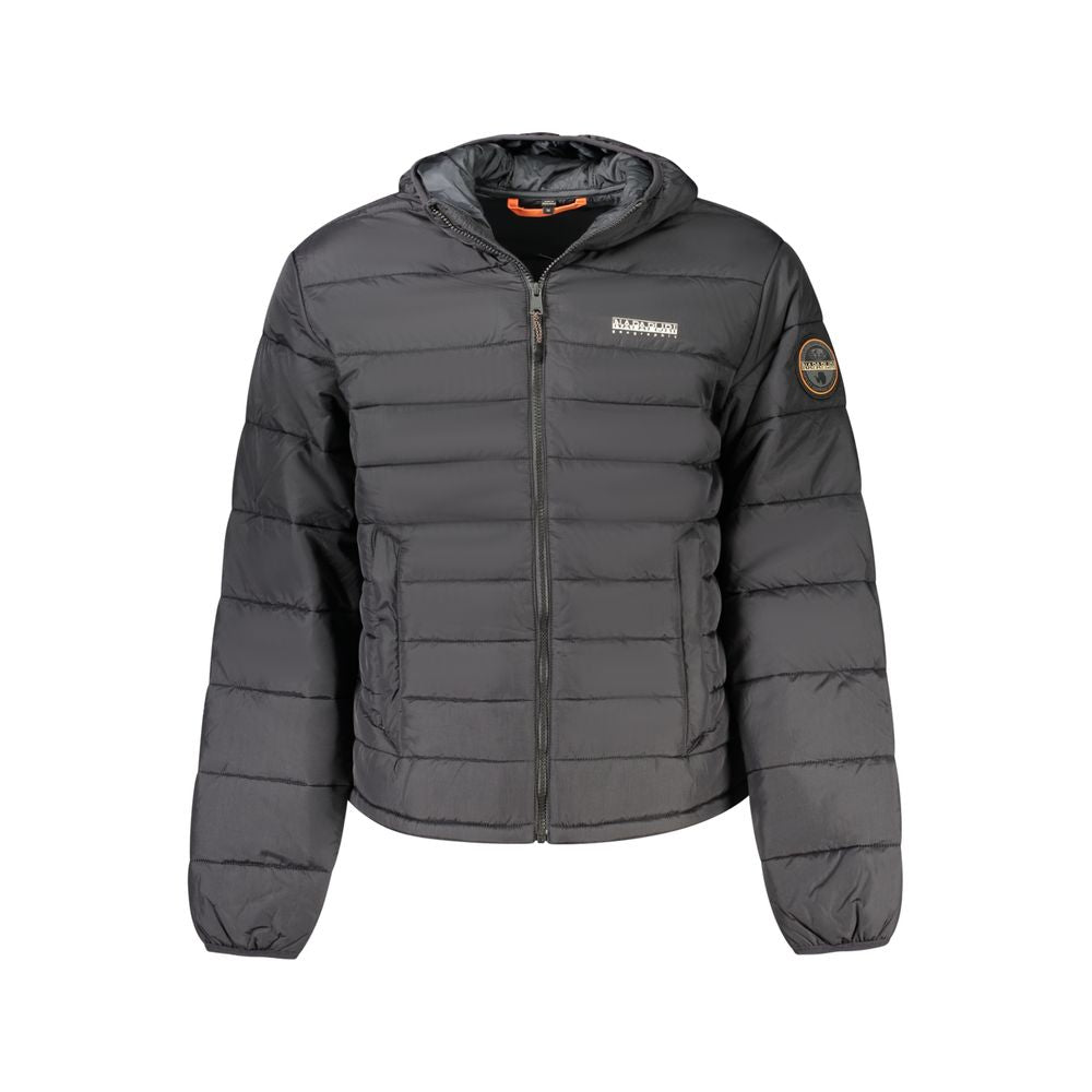 Black Napapijri men's Poliammide jacket with a sleek design and front zipper, shown in a close-up image.