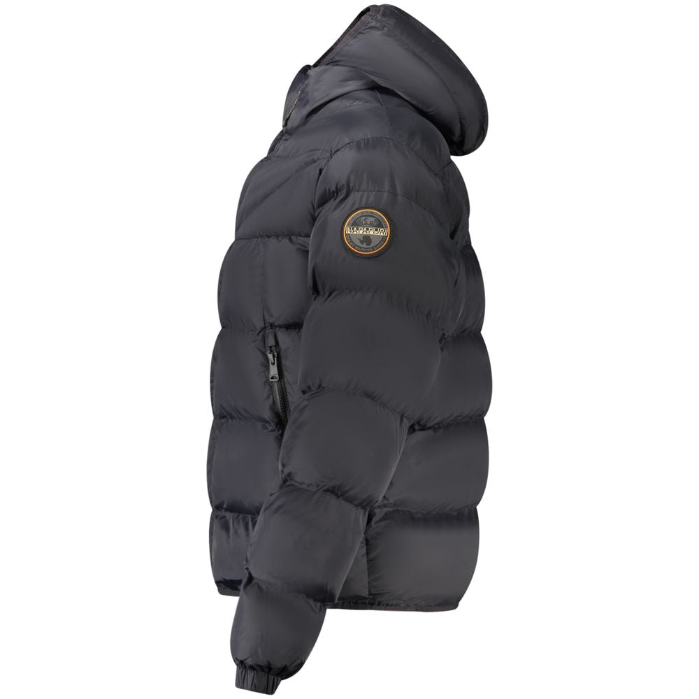 Napapijri Nero Poliammide men's jacket in black, lightweight and water-resistant with a hood and zipper front.