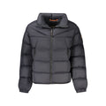 Napapijri black polyamide men's jacket displayed on a hanger, showcasing its sleek design and lightweight fabric.