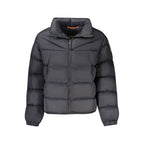 Napapijri black polyamide men's jacket displayed on a hanger, showcasing its sleek design and lightweight fabric.
