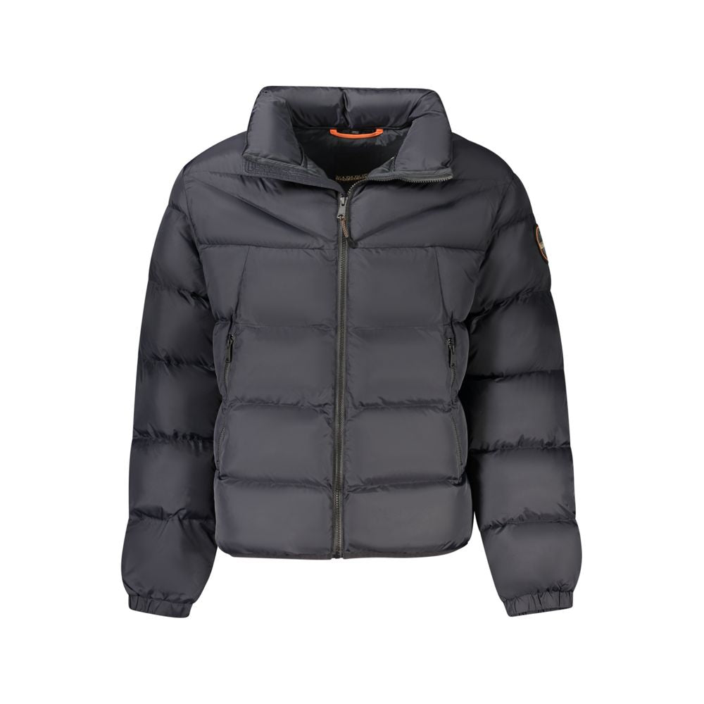 Napapijri black polyamide men's jacket displayed on a hanger, showcasing its sleek design and lightweight fabric.