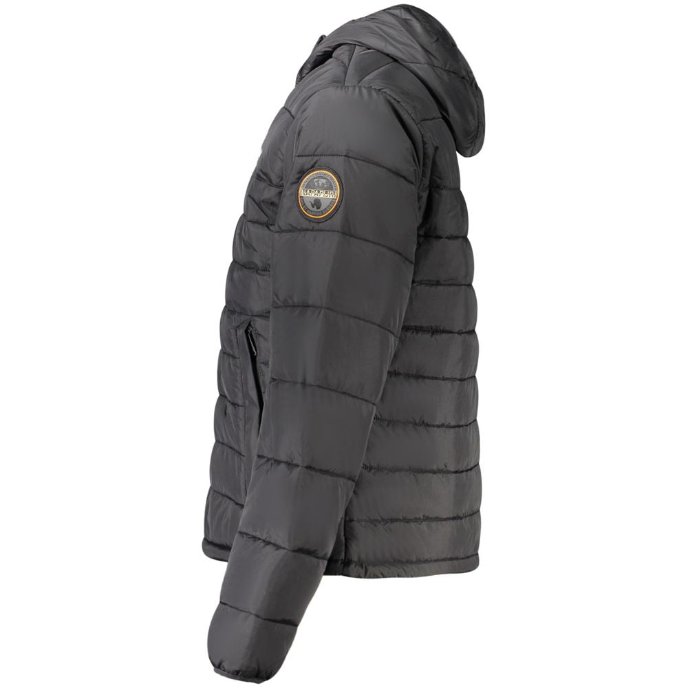 Black Napapijri men's polyamide jacket with a hood and zip-front, lightweight and suitable for outdoor wear.