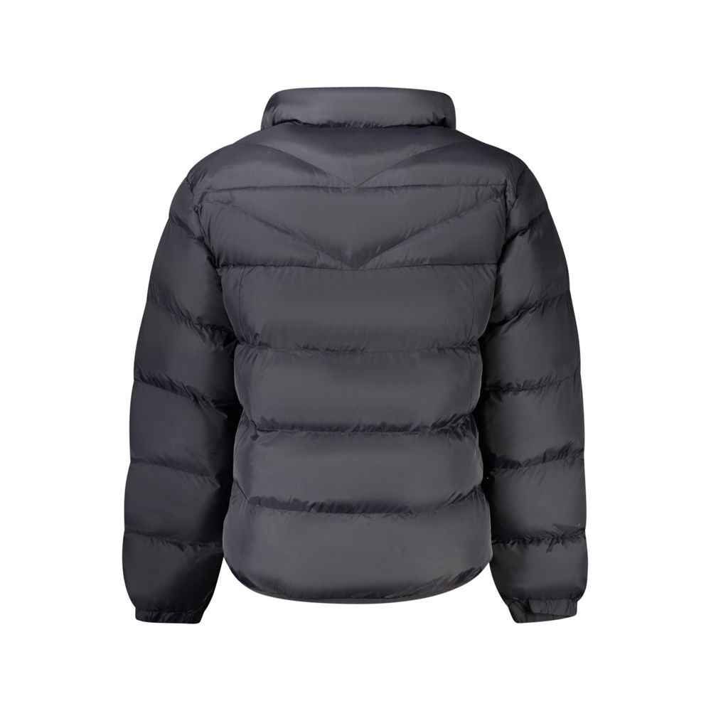 Black Napapijri men's polyamide jacket with front zipper and adjustable hood, shown on a plain background.