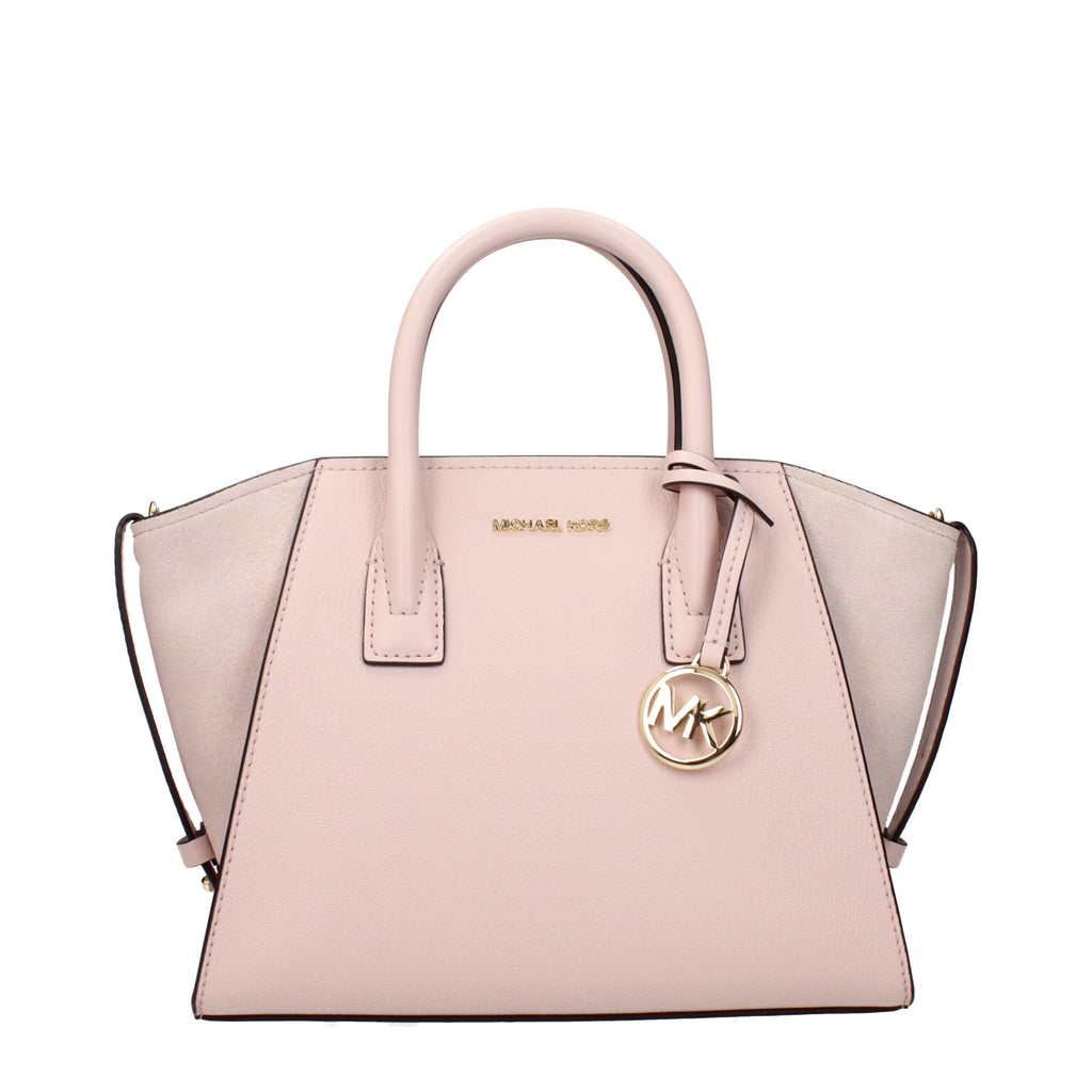 Pink leather Michael Kors handbag with gold hardware and structured design, featuring top handles and a sleek finish.