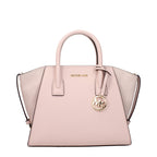 Pink leather Michael Kors handbag with gold hardware and structured design, featuring top handles and a sleek finish.