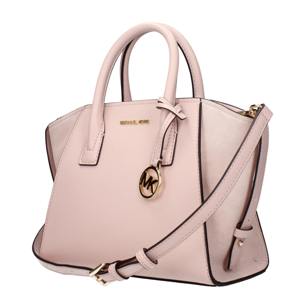 Pink leather Michael Kors handbag with silver hardware, featuring dual top handles and a structured design.